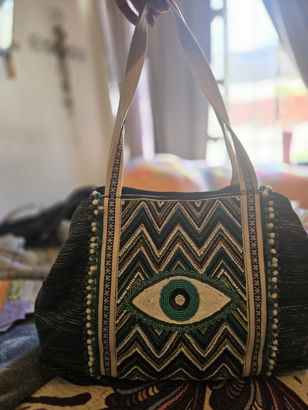 Handcrafted Black & Teal Eye-Embroidered Shoulder Bag